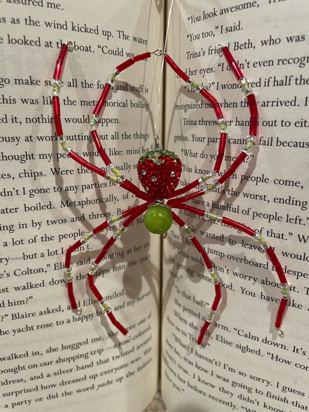 Handmade Red Beaded Spider Ornament with Green Accents